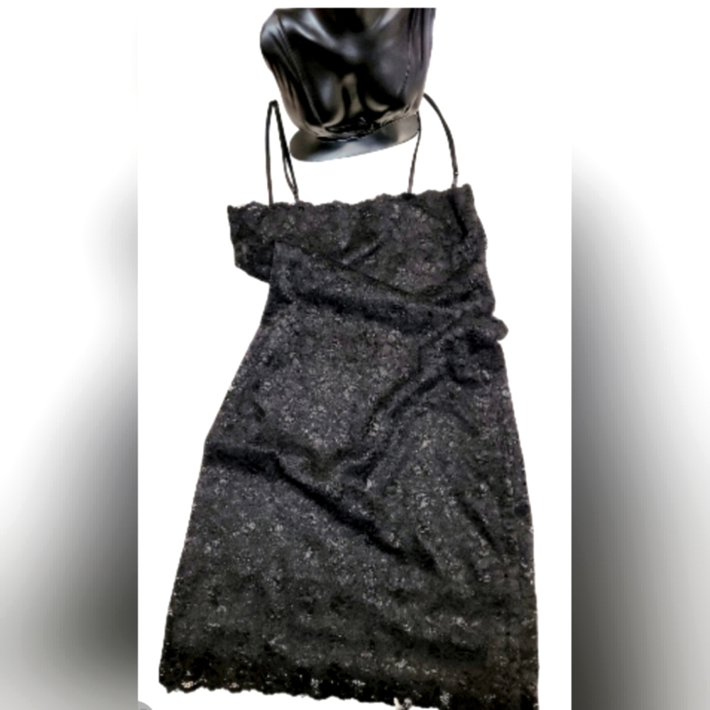 Vintage, Bohemian 90s, Black Lace Spaghetti Strap Mini Slip Dress. Small
